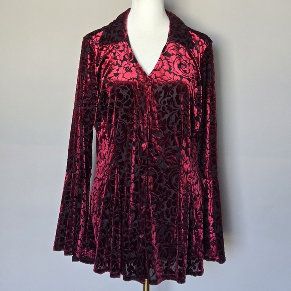 Ultra Pink Velvet Burnout Fairy Witchy Gothic Edgy Button Down  Flare Sleeve Top - Picture 15 of 15